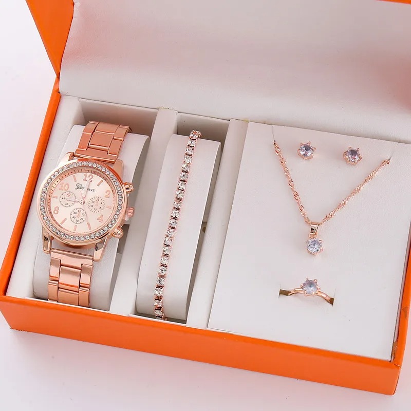 juego 5 unidades reloj correa acero mujer